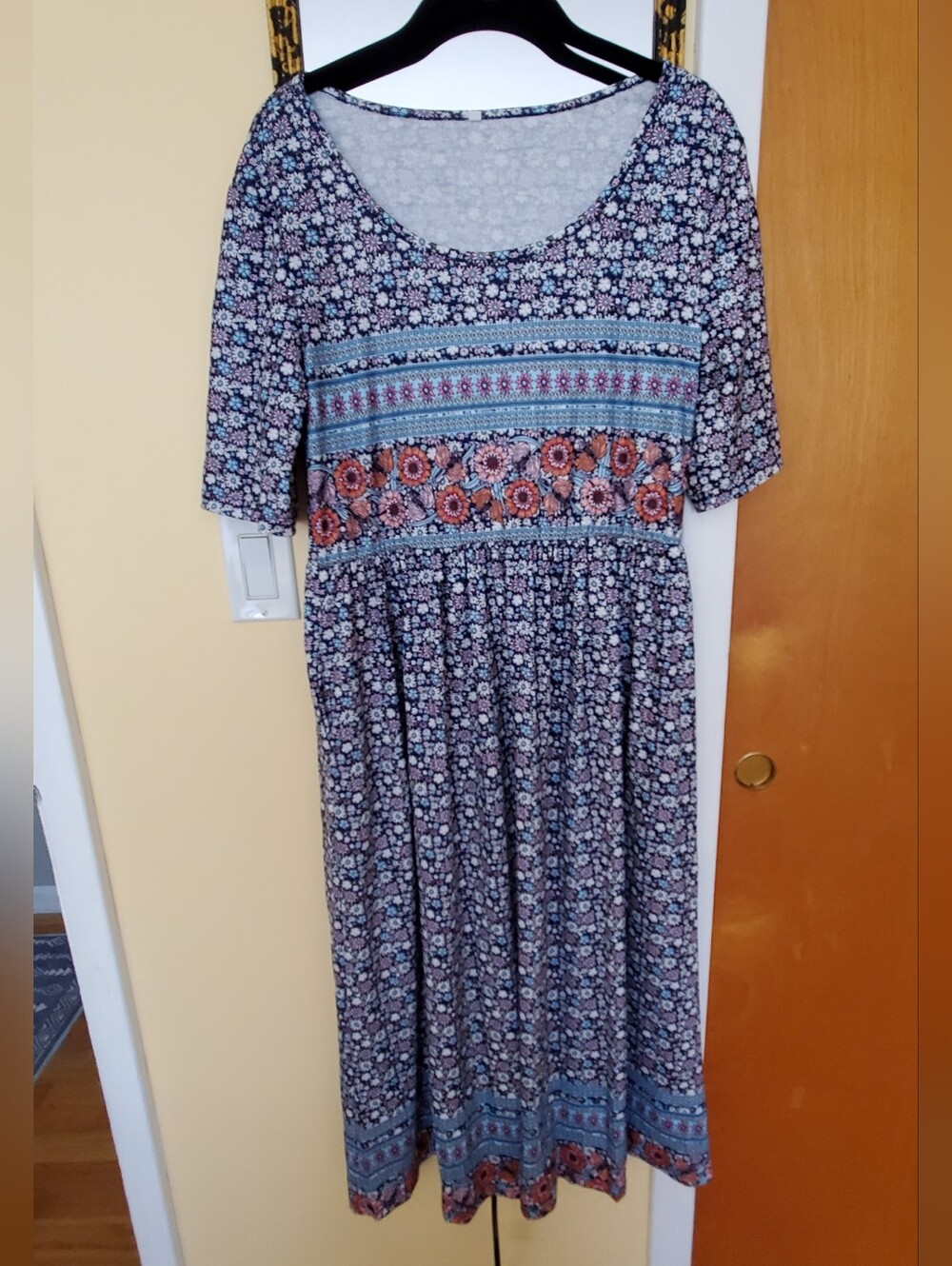 Amazon Blue Floral Midi Dress with Orange Accents